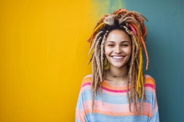 Portrait of happy young woman with dreadlocks on colorful background, copy space