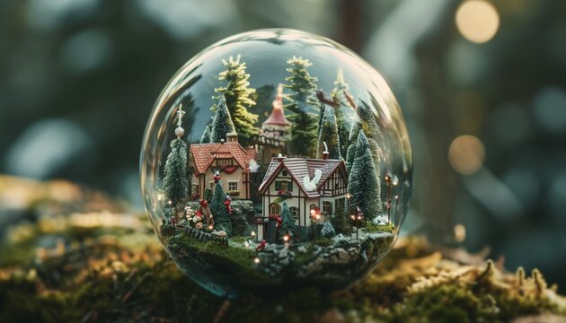 Intricate miniature village inside a glass ball, photographed in high definition, depicting tiny houses, trees, and festive decorations
