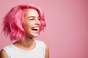 Happy young woman with pink hair looking at side, pink background, copy space