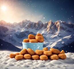 Bowl of nuggets on snow with mountains in the background.
