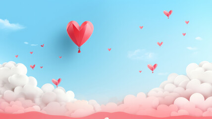 Paper art of heart balloon flying and scattering little heart in the sky