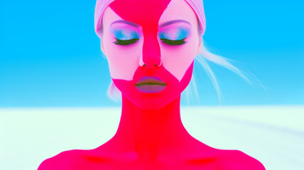 Vibrant digital art portrait of a woman with pink hair, neon red skin, and blue eyeshadow against a blue background, exuding a futuristic vibe.Fashion concept. AI generated.