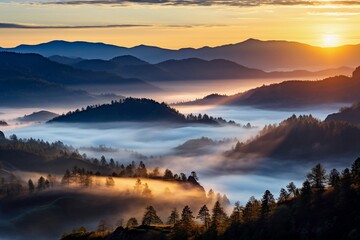 Sunrise in misty foggy mountains and forest. Beautiful landscape