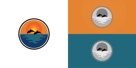 Dolphin silhouette illustration vector animal logo design. Orange sunset cloudy ocean view presented with multiple background colors. The logo is suitable for outdoor adventure logo design template