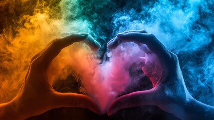 Two hands forming a heart shape with smoke of different colors