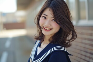 セーラー服を着た笑顔の日本人の女子高生（卒業・青春・高校生） - obrazy, fototapety, plakaty