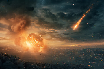Huge city being hit by a comet, natural disaster and end of the world concept.