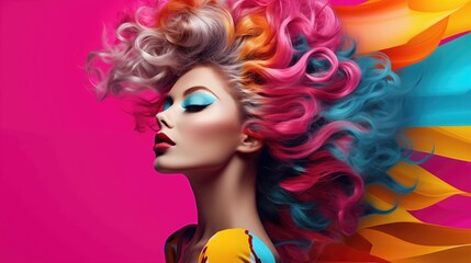 Surreal portrait of a woman in profile with colorful hair Abstract photo in pop art collage style