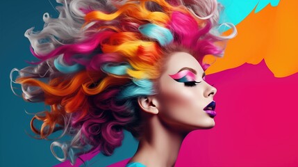 Surreal portrait of a woman in profile with colorful hair Abstract photo in pop art style