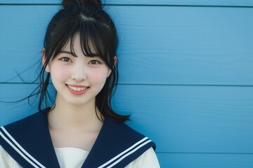 セーラー服を着た笑顔の日本人の女子高生（青背景・卒業・青春・高校生） - obrazy, fototapety, plakaty