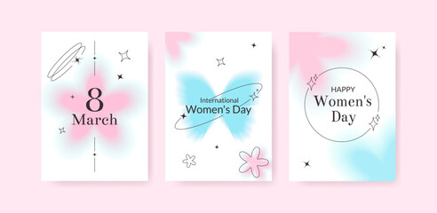 March 8 greeting card y2k style set. Modern minimalistic linear aesthetic elements and blurry spring shapes.