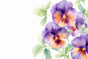 Beautiful delicate violet orange pansy or viola tricolor on a white background. Greeting card, invitation floral design. Copy space.