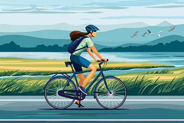 A girl in a helmet, sportswear and with a backpack rides a bicycle along a mountainous area. Bike trip. Healthy lifestyle vacation. - obrazy, fototapety, plakaty