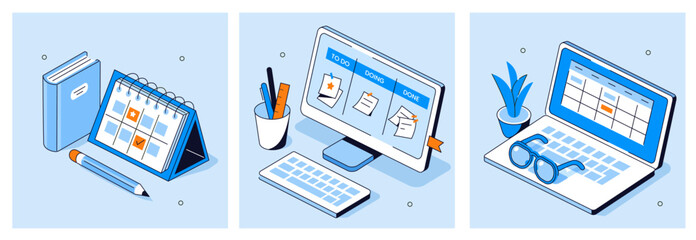 Schedule management, business and organization concept set. Office desk with calendar, laptop and computer with kanban board, to do list and tasks on screen.  Flat line isometric vector illustration.