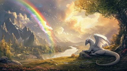 A rainbow arches over a valley where an angel and dragon rest in peaceful harmony basking in the beauty of their surroundings.