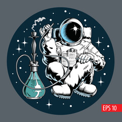 Astronaut smoking hookah pipe in outer space. Spaceman relaxing in hookah bar or lounge club. Hand drawn vector illustration