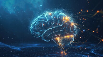 Human brain with glowing particles on dark blue background