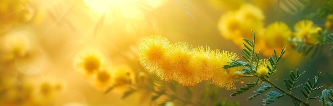 beautiful yellow sensitive plant mimoza in summer sun light