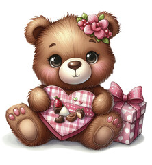 Cute teddy bear with a gift box of chocolates in the shape of a heart. Valentine's Day. Watercolor illustration isolated on transparent background