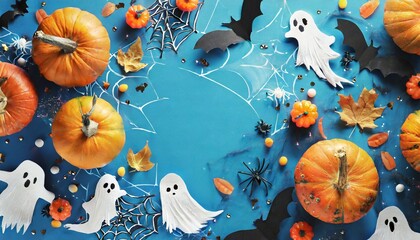 halloween background with pumpkin bat and spider web 