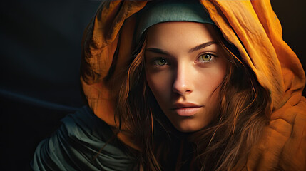 A young woman with a veil as a hood on her head