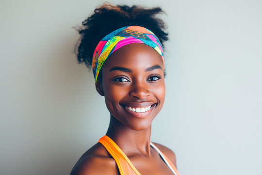 a happy young African American woman wearing a colorful sports headband in front of a light gray neutral background