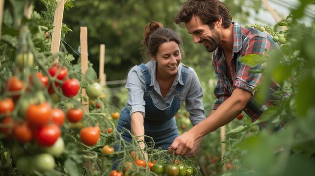 Un couple cueille des tomates dans son potager