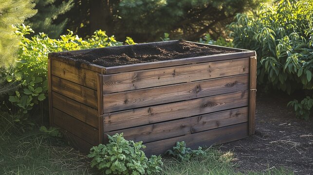 Un bac &agrave; compostes pos&eacute; dans un jardin pour composter ses d&eacute;chets vert