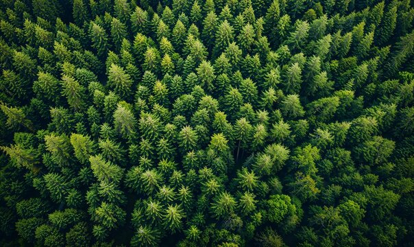 Lush Coniferous Forest Canopy, Aerial View, Rich Green Textures