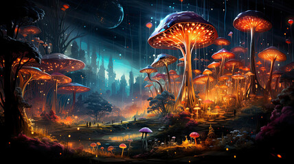 Surreal landscape giant mushrooms night forest