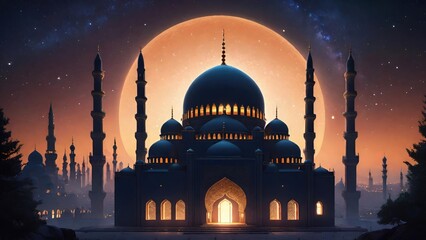 Silhouette of Big Mosque in the Starry Night. Suitable for Ramadan concept, Islamic concept, Greeting card, Wallpaper, Background, Illustration, etc 