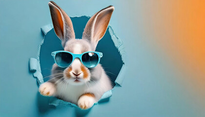 Bunny with sunglasses peeking out of a hole in blue wall, fluffy eared bunny easter bunny banner, rabbit jump out torn hole