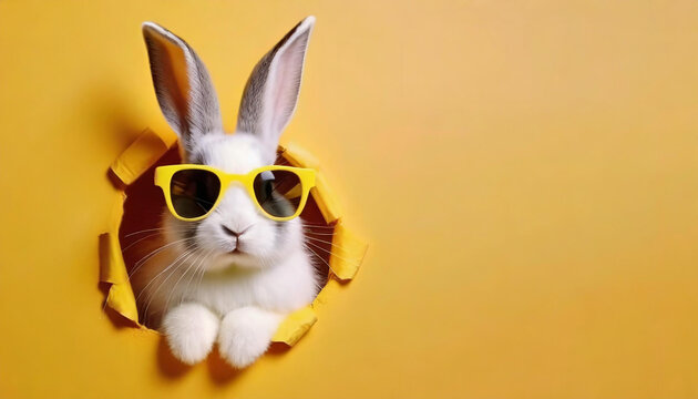 Bunny with sunglasses peeking out of a hole in yellow wall, fluffy eared bunny easter bunny banner, rabbit jump out torn hole