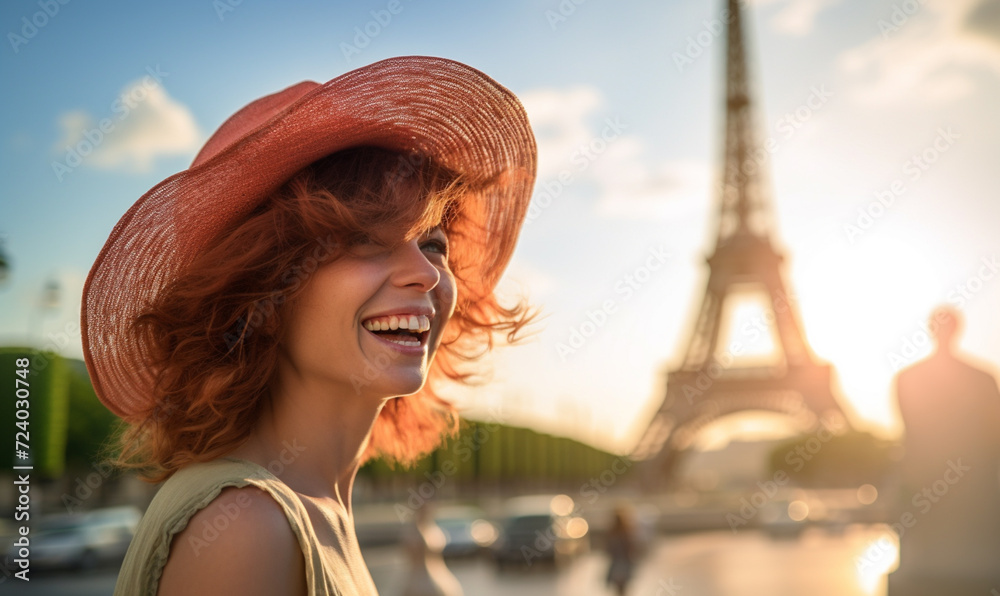 Wall mural happy woman travel in paris, cheerful female in hat near eiffel tower, travel to europe, famous popu