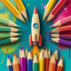 A rocket ship surrounded by colored pencils