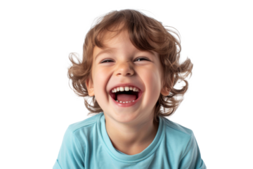 Studio portrait of a cute happy little boy with a beautiful smile isolated on transparent png background.	