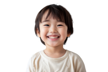 Studio portrait of a cute happy little boy with a beautiful smile isolated on transparent png background.