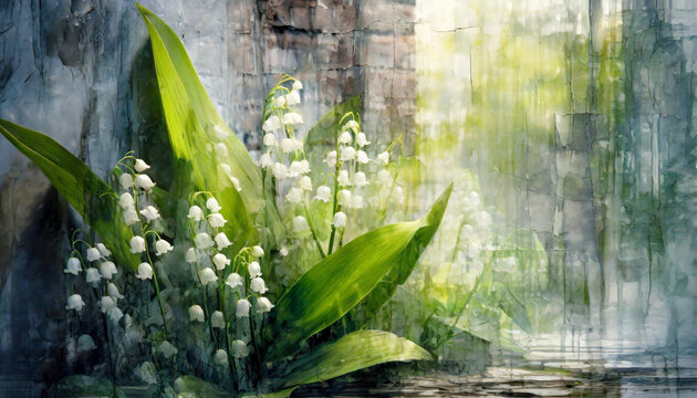 Tapeta, tło abstrakcyjne, ściana i kwiaty w podw&oacute;jnej ekspozycji. Dekoracja, abstrakcja, panel. Generative AI