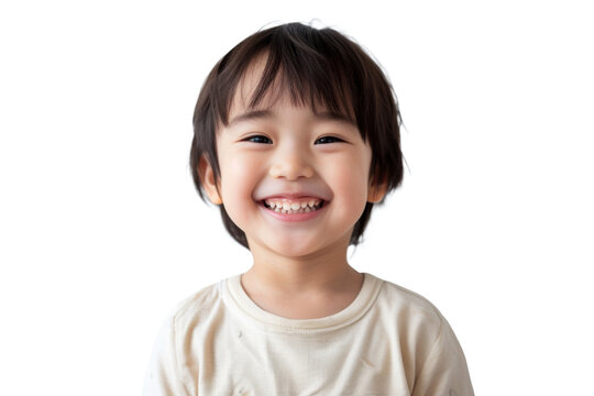 Studio portrait of a cute happy little boy with a beautiful smile isolated on transparent png background.	