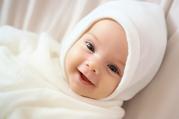 Fototapeta na wymiar Cute newborn baby lies swaddled in a white blanket.
