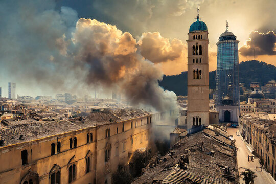 città bombardata fiamme esplosione 