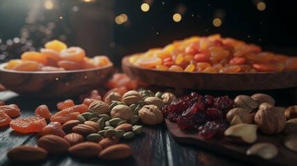 Assortment of dried fruits and nuts on wooden table, closeup