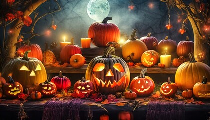 pumpkin lanterns suitable as a background or cover for Halloween