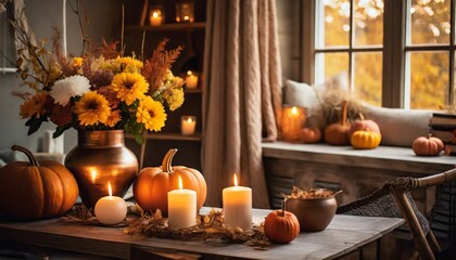 Obraz premium a table with a view of the window with autumn decoration pumpkin flowers suitable as a background or cover