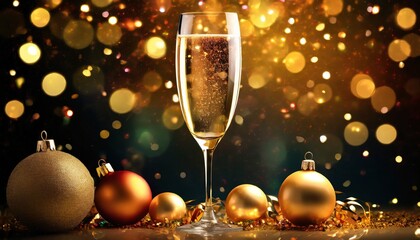 a glass of champagne with Christmas decorations 