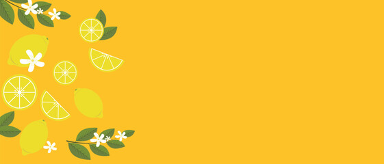 Juicy citrus fruits with fresh lemons and green leaves on a bright yellow background. Bright colorful vitamin photo. Copy space, suitable as a web banner format. Healthy eating concept. Vector.