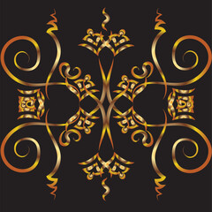 Graphic symmetrical fantasy ornament with flowers. Golden gradient. Large bright ornament of curls and flowers on a black background