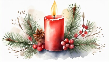 red burning candle with christmas decoration 