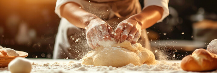 A baker kneads dough preparing it for baking fresh bread against blurred bakery background. - obrazy, fototapety, plakaty