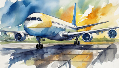 airplane in the airport watercolor